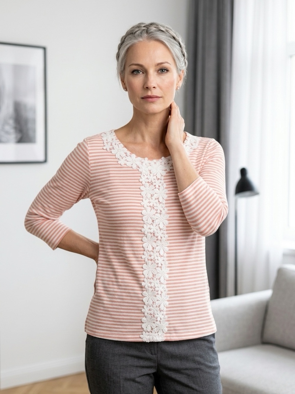 Alfred Dunner Blush Pink & White Striped Lace-Front Long Sleeve Top